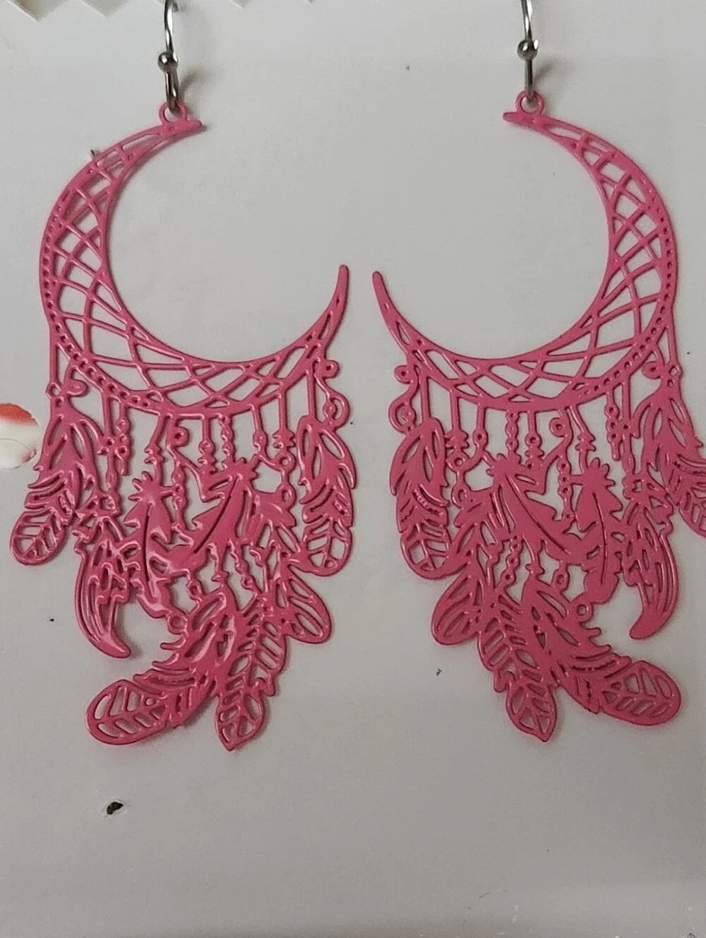 Delicate Pink Filigree Feather Drop Earrings